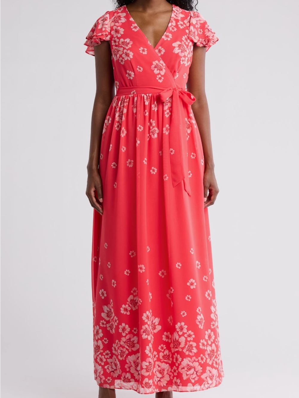 Eliza J Coral Floral Wrap Maxi Dress